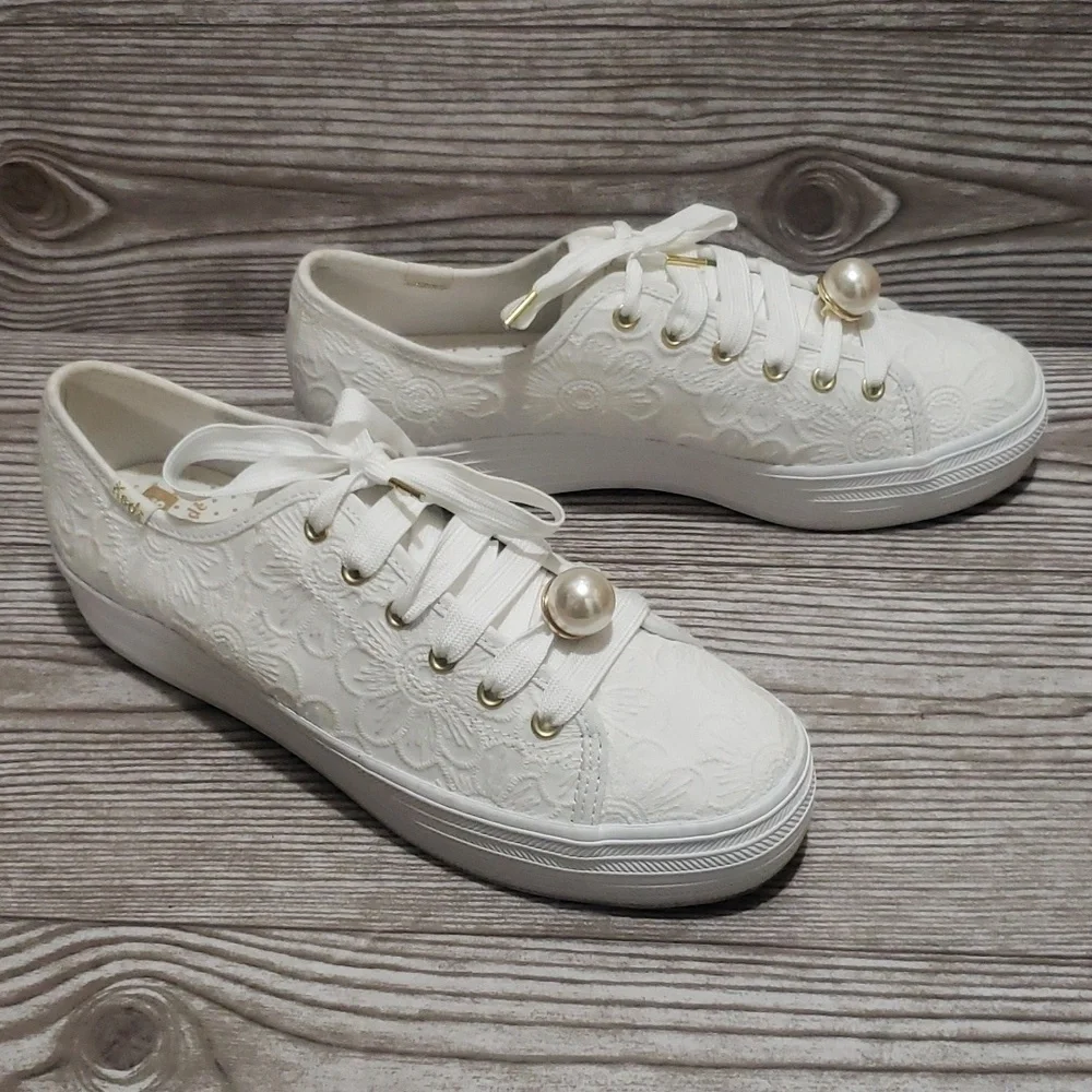 Keeds for Kate Spade 9 white embroidery platforms laces and pearl woman shoes